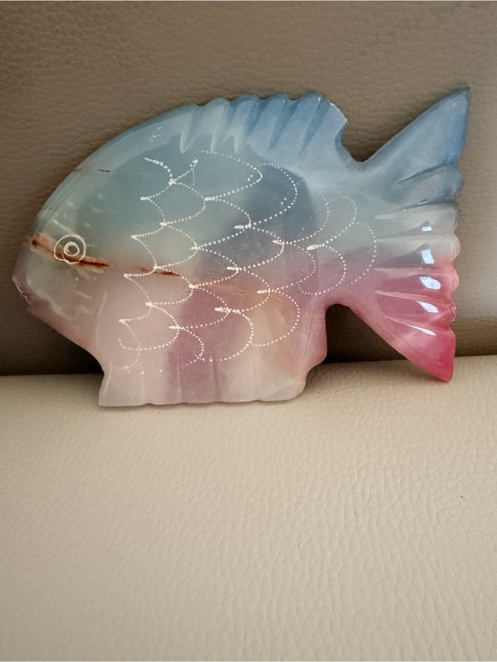 Carved Fluorite Stone Fish Figurine Pink Blue Crystal Coastal Decor 4”
